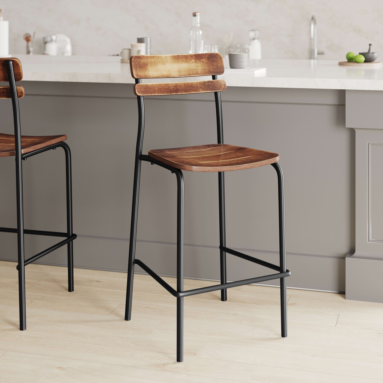 Emma and Oliver Blanchard Bar Stool with Metal Frame and Solid Wood Seat and Back with Antique Finish